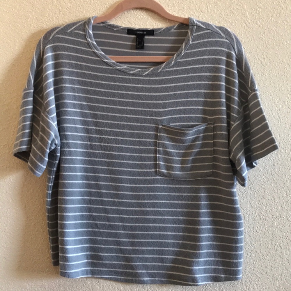 Forever 21 grey and white striped pocket tee